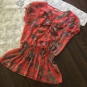 Poetry Coral Floral Ruffle V-Neck SS Blouse Size S